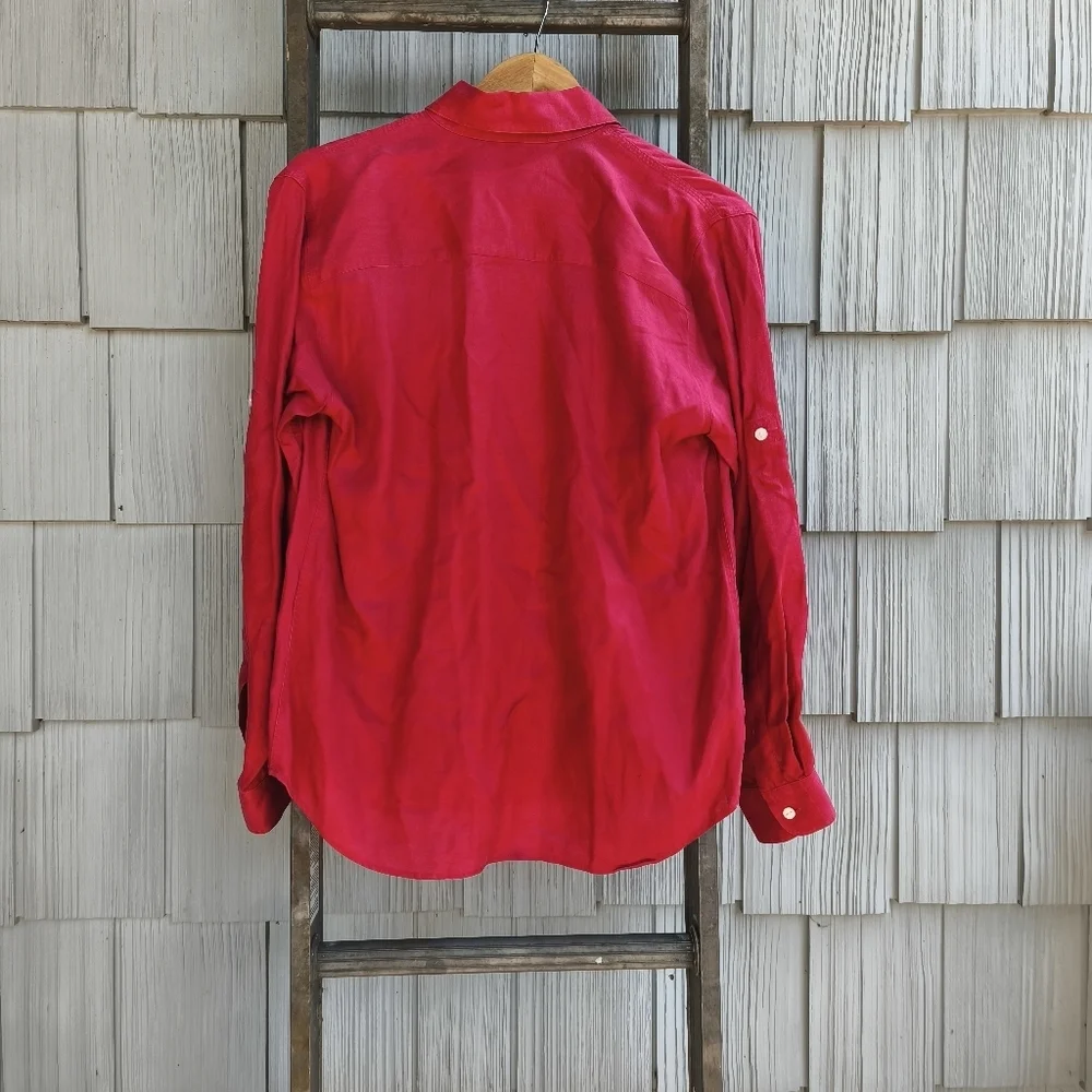 90s y2k Lauren Ralph Lauren 100% Linen Button Down Top sz M Red Preppy Old Money